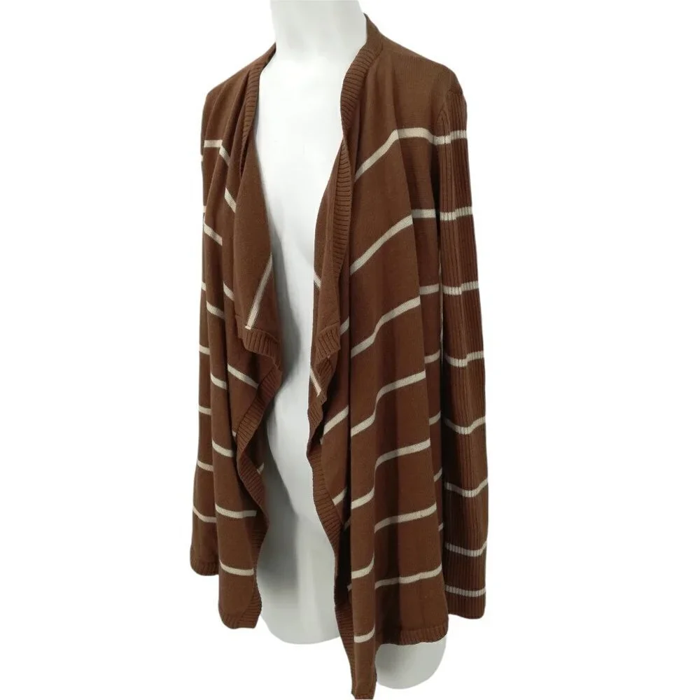 Mystree Brown Striped Waterfall Cardigan Sweater Size S Knit Wrap Open Front